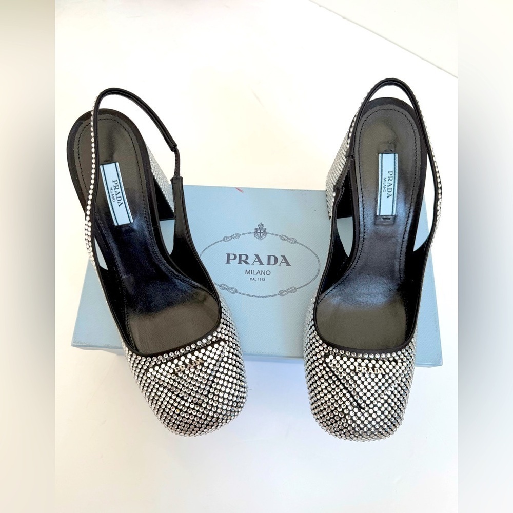 Prada Black Satin Leather Jewel embellished Triangle logo slingback pumps EU 39